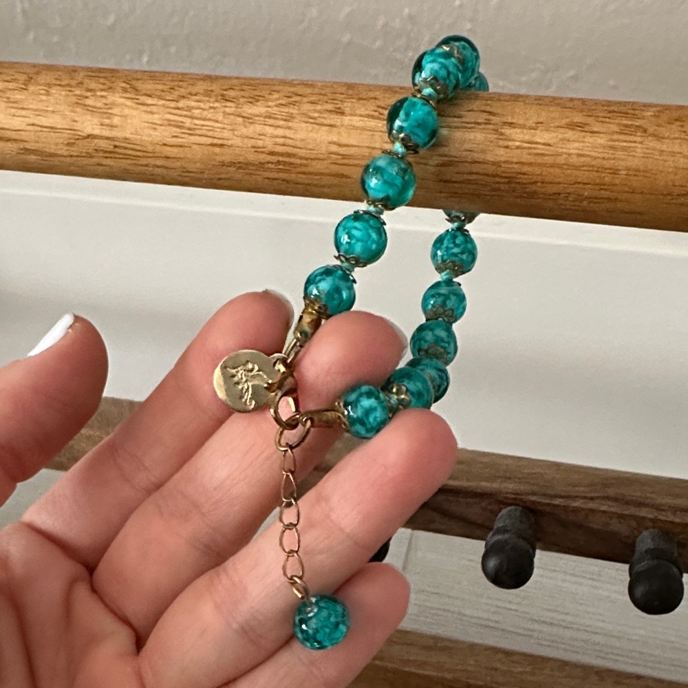 Teal Beaded Bracelet with Gold Charm